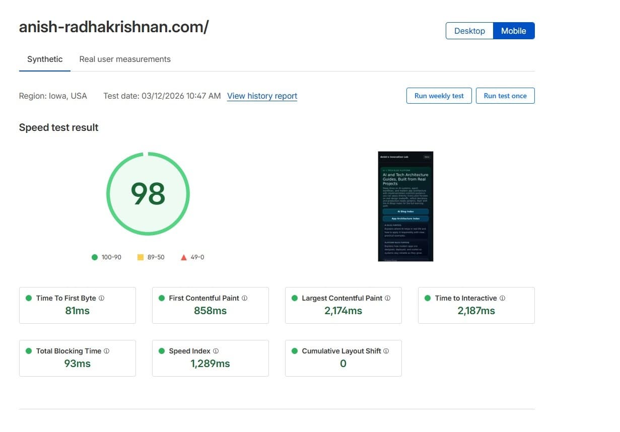 Cloudflare mobile speed test showing score 98 and detailed timing metrics